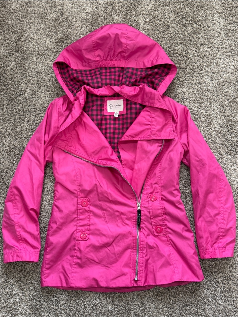Jessica Simpson pink rain jacket with removable hood and plaid lining #y2k